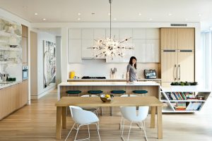 Marvelous-Sputnik-Chandelier-trend-Portland-Contemporary-Kitchen-Image-Ideas-with-breakfast-bar-ceiling-lighting-eat-in-kitchen-flat-panel-cabinets-kitchen-bookshelves-kitchen-table-open